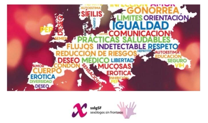 nube conceptual con las palabras de Igualdad de género, respeto sexualidad, educación sexual, prácticas saludables... sobre el mapa de Europa